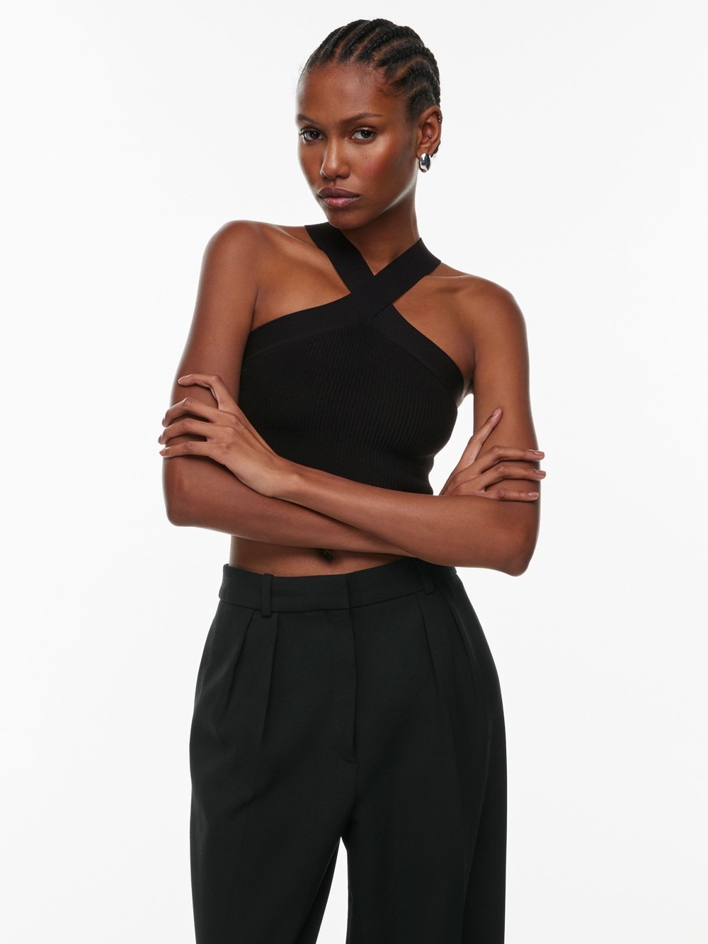 Aritzia Babaton Black Knit Fitted Ribbed Sculpt Halter Crop Top S